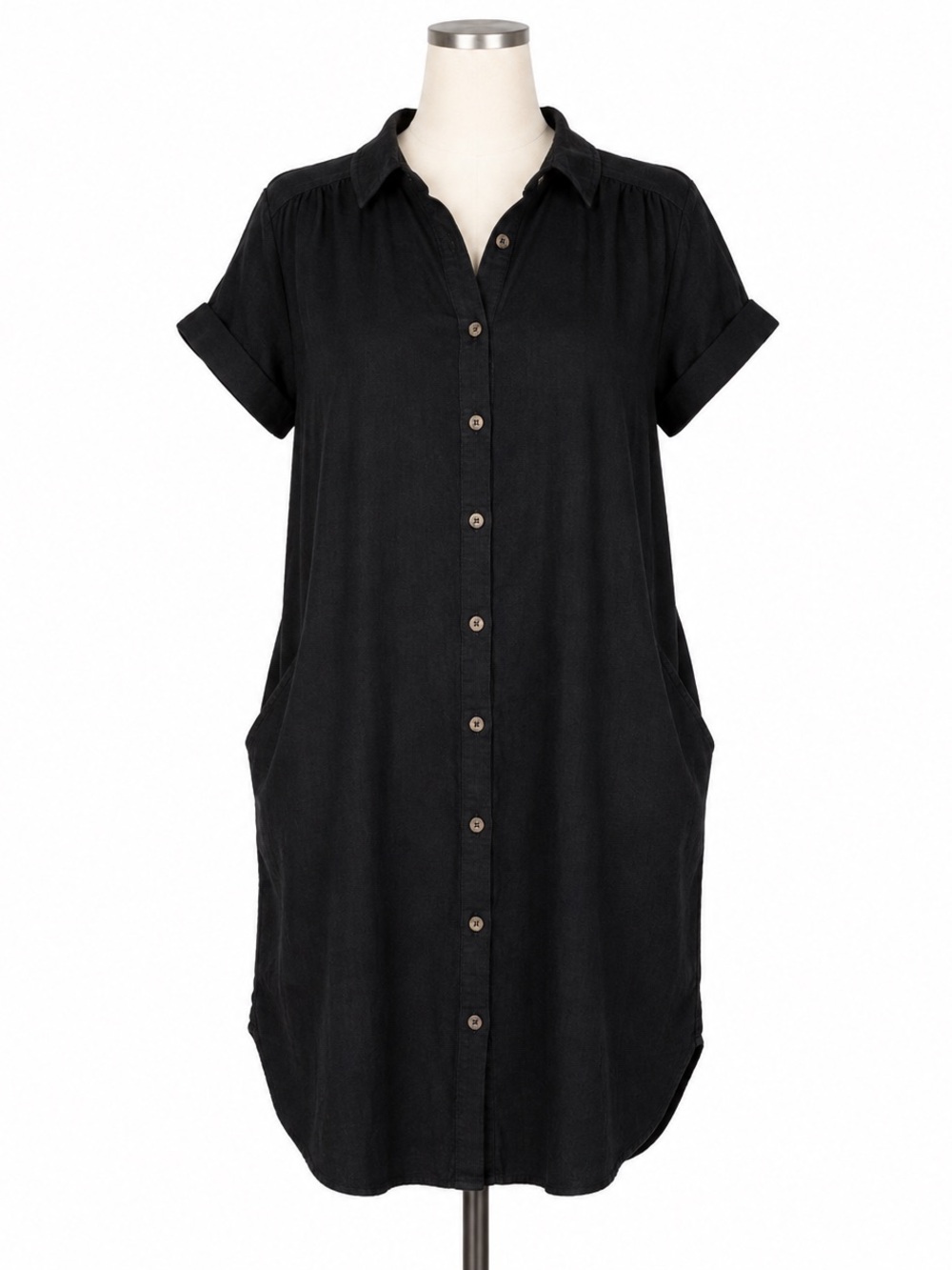 Women’s Black Linen-Blend Button Front Shirt Dress – Size Small